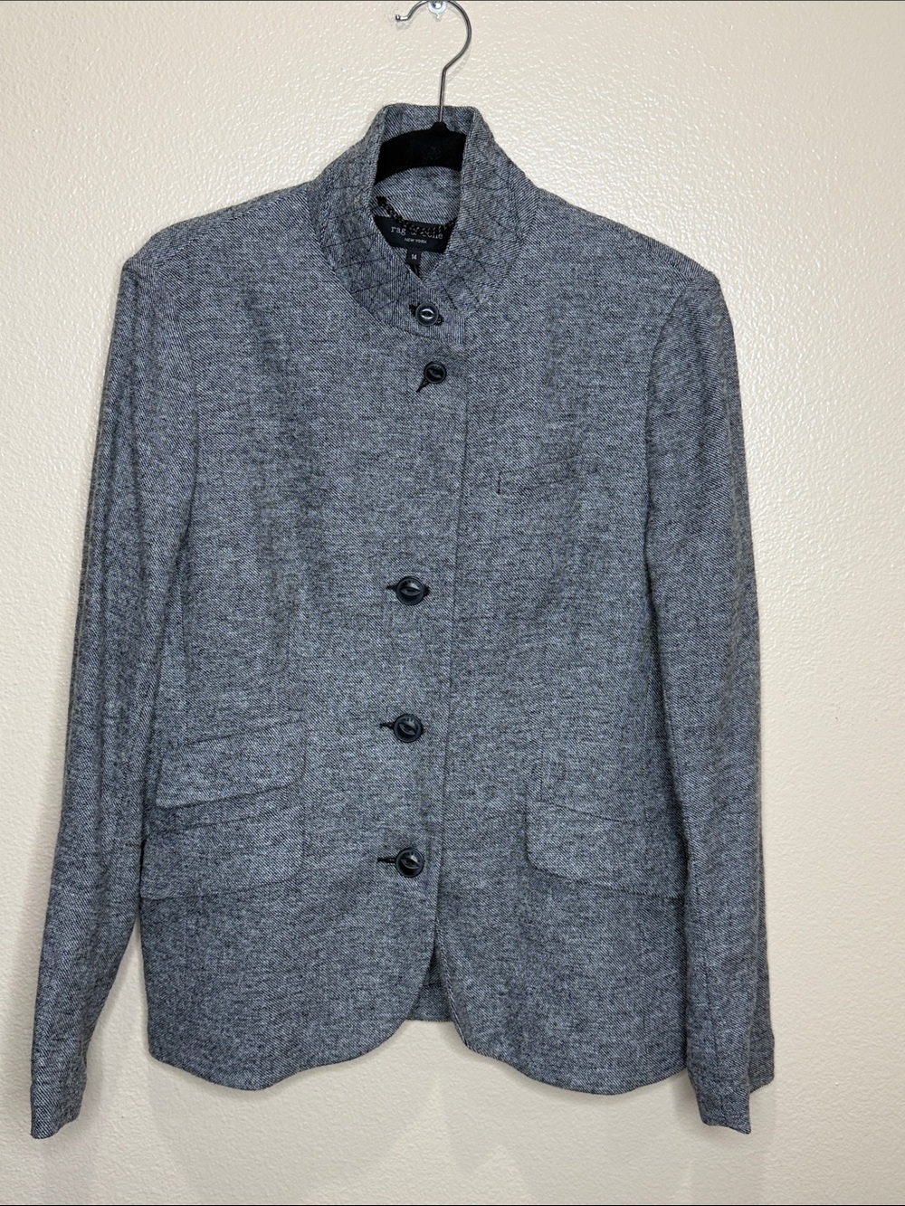 Rag & Bone Grey Slade Blazer Jacket Tailored Stand Collar Wool Blend Size 14